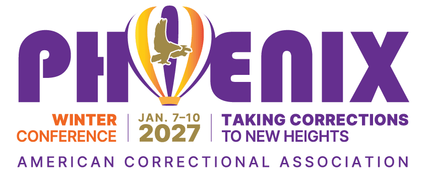 Purple text reading "PHOENIX" with a hot air balloon icon is centered against a plain white background, accompanied by conference details and the "American Correctional Association" name below.