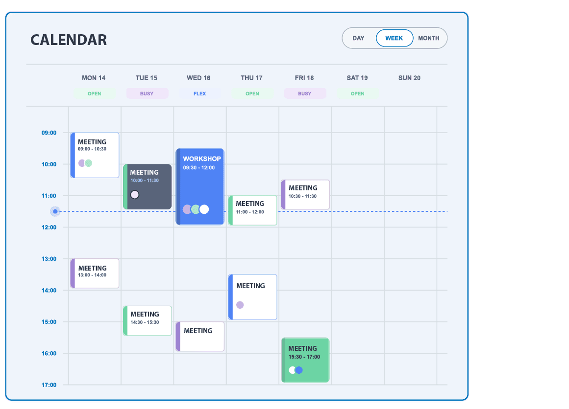 A digital calendar interface displays various scheduled meetings and workshops as colored blocks over a light grey grid background.