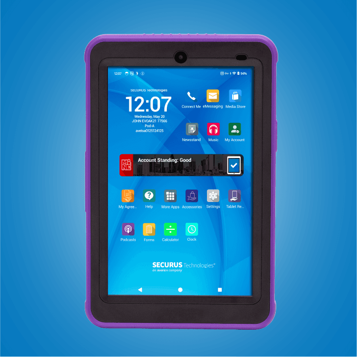 A tablet with a purple protective case and a digital interface is centered against a solid blue background.