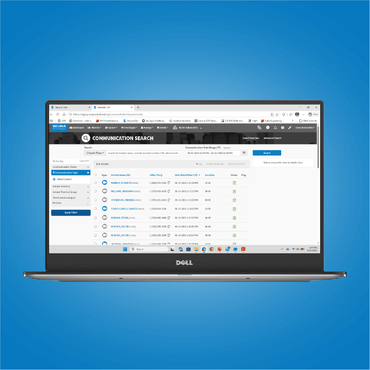 A Dell laptop displaying a communication search interface sits centered against a solid blue background.