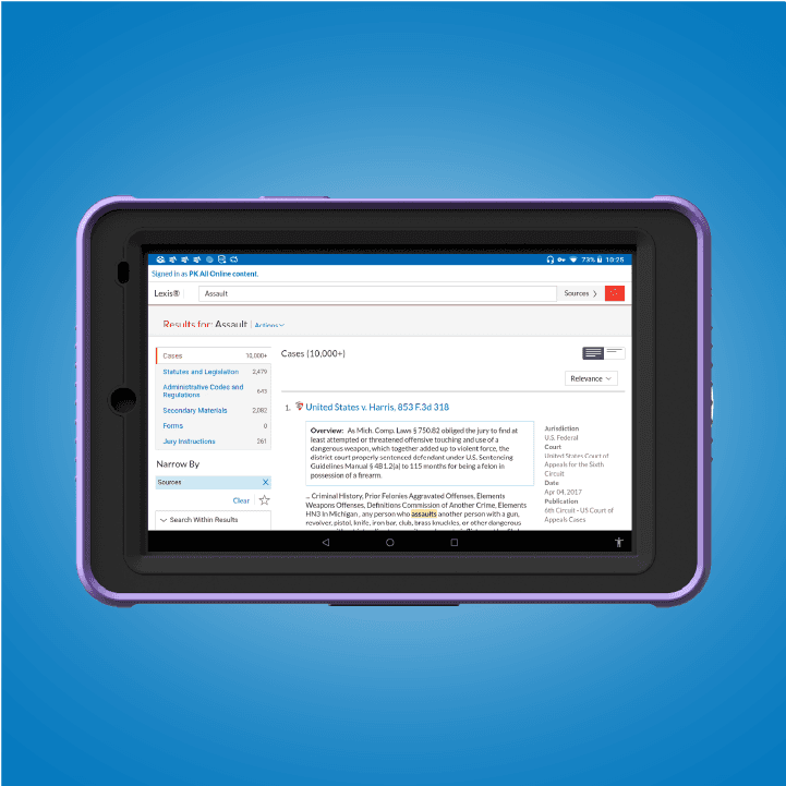 A purple tablet displaying a legal research website sits centered against a solid blue background.