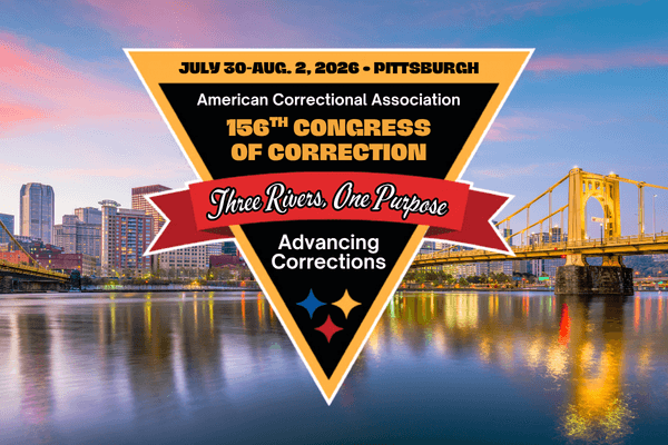 The image depicts a promotional banner for the 156th Congress of Correction organized by the American Correctional Association, set against the backdrop of a picturesque cityscape with a river and reflective buildings.