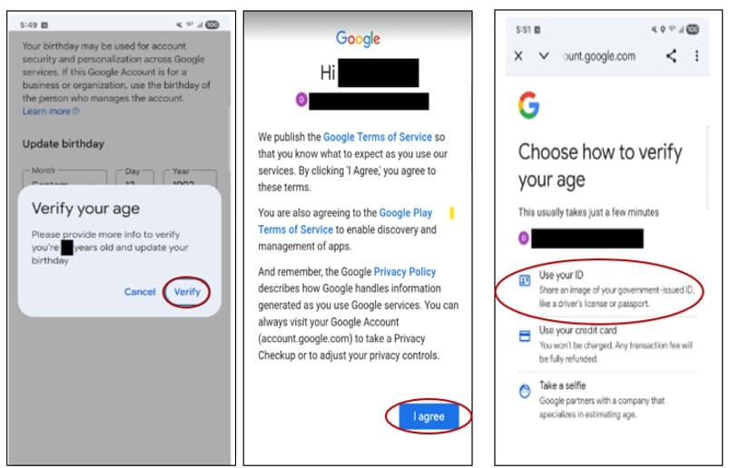 The image shows a mobile device screen displaying a Google account verification process, including options to verify one's age and a privacy policy notice.
