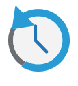 The image depicts a blue and gray clock icon, with the hands pointing to a specific time.