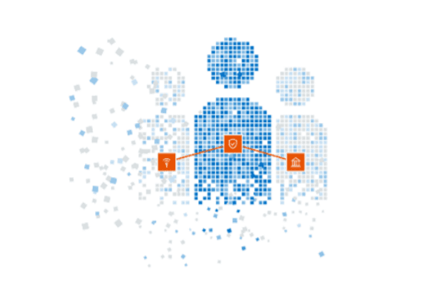 Stylized blue pixelated human figures stand in the foreground with orange security icons, set against a white background with scattered blue squares.