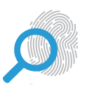 A blue magnifying glass icon overlaying a fingerprint pattern in the background.