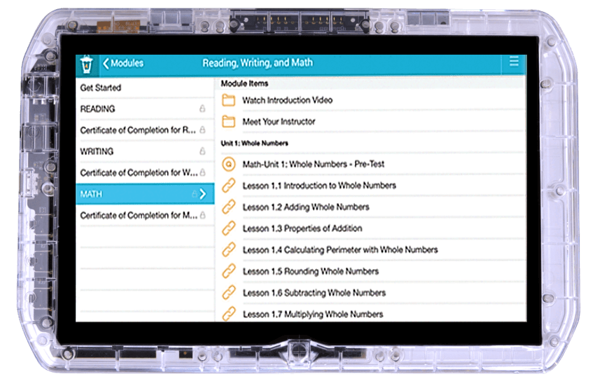 The image shows a transparent device with a digital screen displaying a list of reading, writing, and math lessons.