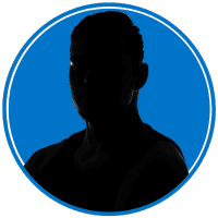 The image shows a silhouette of a person's head and shoulders against a bright blue background.