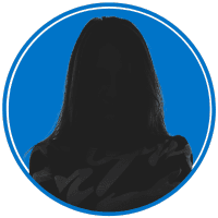 The image shows a silhouetted figure against a bright blue background, with the figure's face obscured and only the back of their head visible.