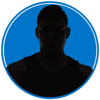 The image shows a silhouetted figure against a bright blue background, with the person's face obscured in shadow.