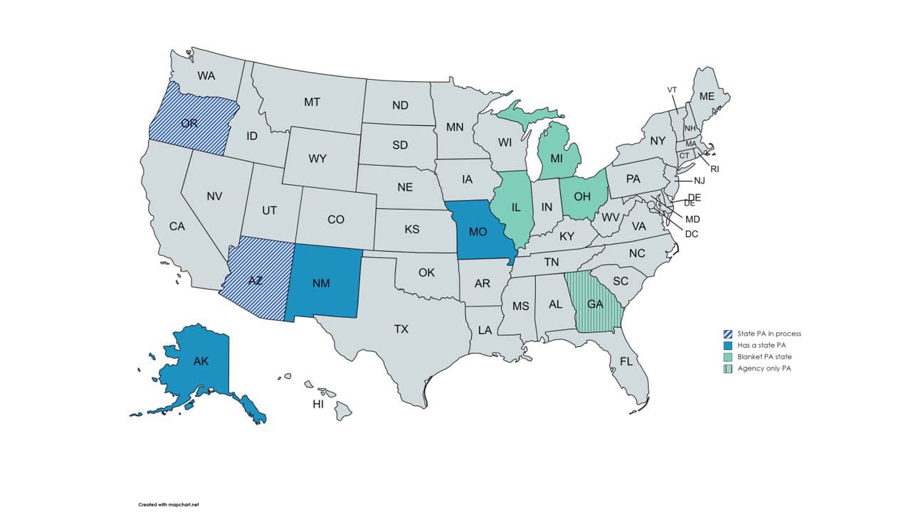 A map of the United States, divided into states with varying shades of blue and green, providing a visual representation of the country's geographical regions.