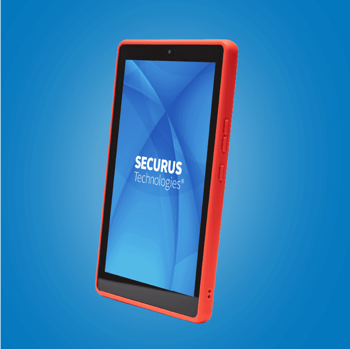 A tablet with a red protective case and the Securus Technologies logo on the screen is centered against a solid blue background.