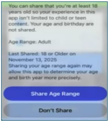 The image displays a user interface prompt asking the user to share their age range, indicating that their experience in the app is not limited to child or teen content, and that their age and birthday are not shared.