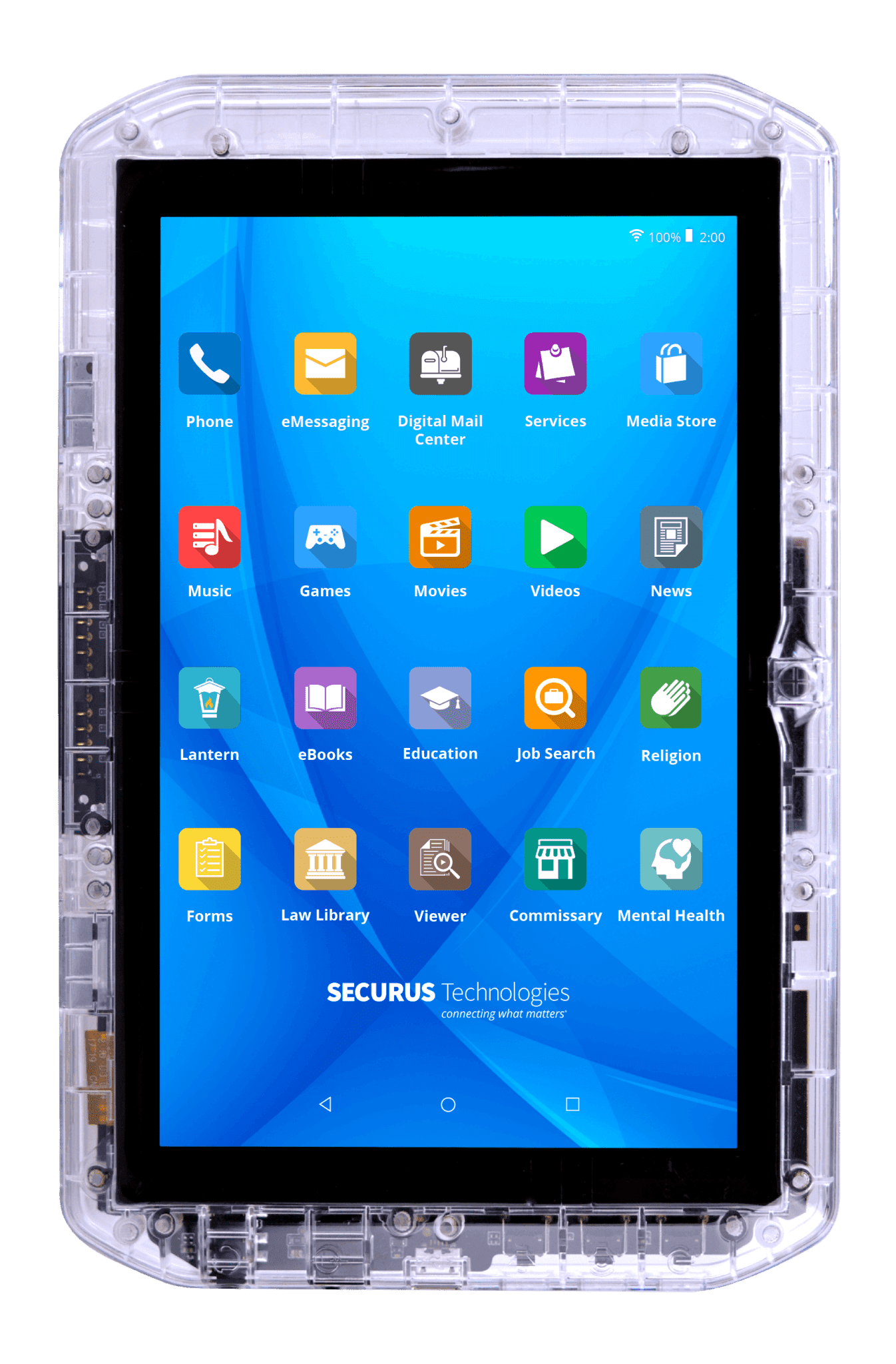 The image displays a transparent tablet device with a colorful array of app icons on a blue background, showcasing the Securus Technologies interface.