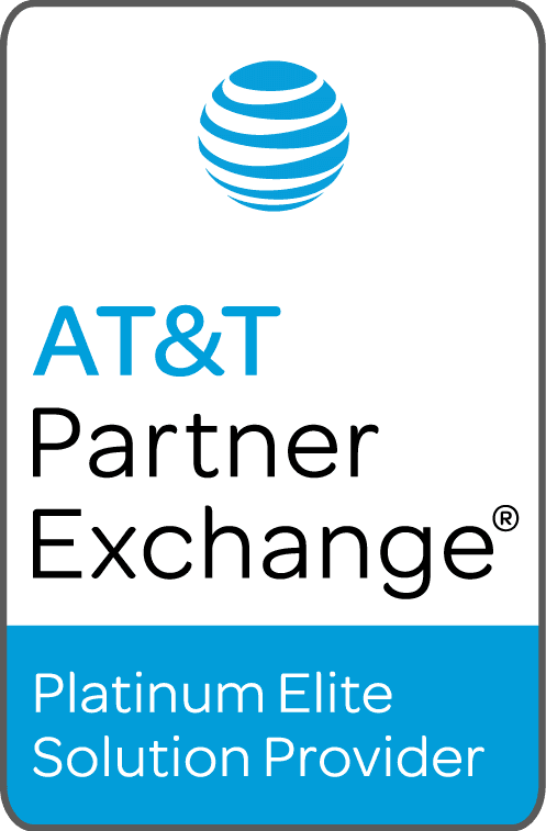 The image displays the AT&T Partner Exchange logo, which features a blue globe-like symbol and the text "AT&T Partner Exchange Platinum Elite Solution Provider".