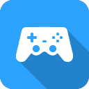 A white game controller icon on a bright blue background.
