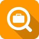 A white briefcase icon is prominently displayed against a vibrant orange background, casting a long shadow.