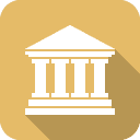 A white classical building with columns against a yellow background.