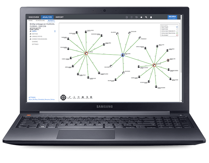 The image displays a laptop screen showing a complex network diagram with various nodes and connections represented by lines and arrows.