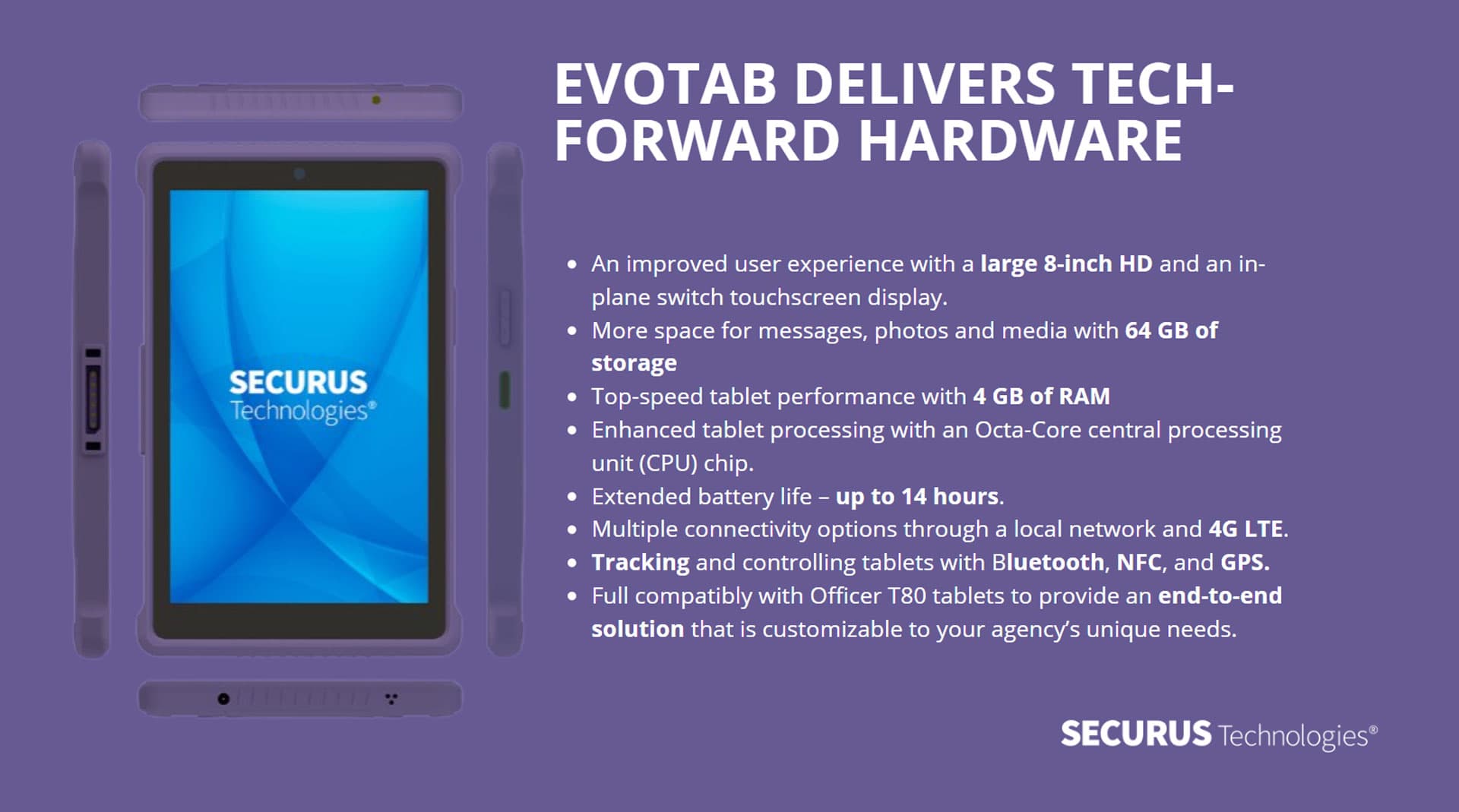 The image showcases a tablet device with a large 8-inch HD display and an in-built switch, along with a list of its technical specifications and features, including enhanced tablet performance, extended battery life, and multiple connectivity options.