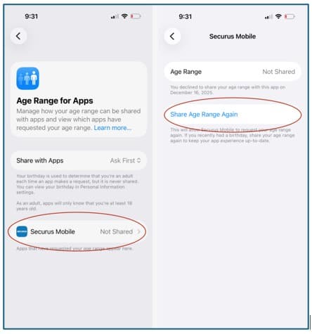 The image shows two screenshots from a mobile device. The first screenshot displays an "Age Range for Apps" section, while the second screenshot shows an "Age Range" section for "Securus Mobile" with an option to "Share Age Range Again".