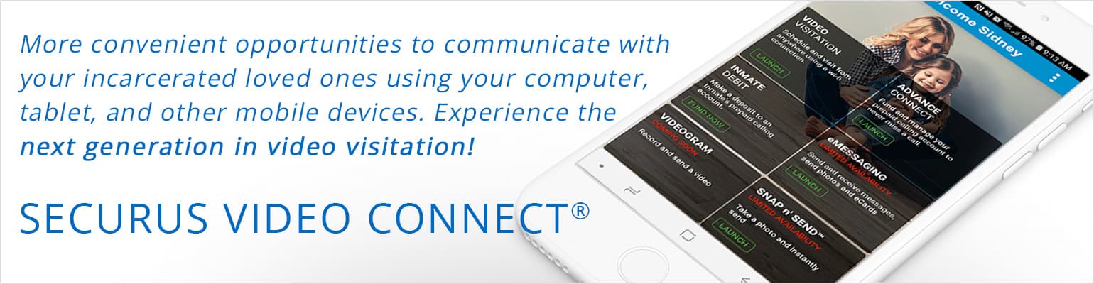 The image showcases opportunities to communicate with loved ones using a computer or mobile devices, highlighting the "Video Visitation" feature of the "Video Connect" service.