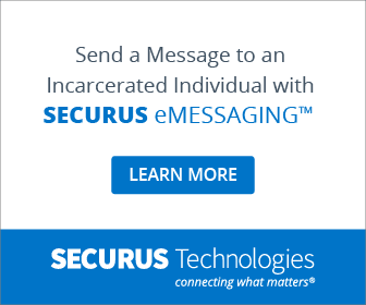 The image displays a message promoting a service called "SECURUS eMessaging" that allows sending messages to incarcerated individuals. The background features the Securus Technologies logo and tagline "connecting what matters".