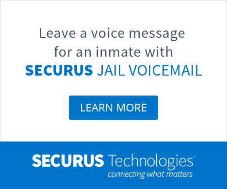 The image displays a message about leaving a voice message for an inmate using Securus Jail Voicemail, with a "Learn More" button and the Securus Technologies logo in the background.