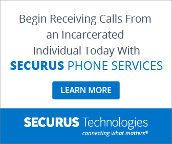 The image advertises Securus Phone Services, which provides phone services for incarcerated individuals. The background features the Securus Technologies logo and the text "connecting what matters".
