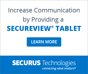The image promotes a Secureview tablet as a means to increase communication, with a blue "Learn More" button and the Securus Technologies logo in the background.