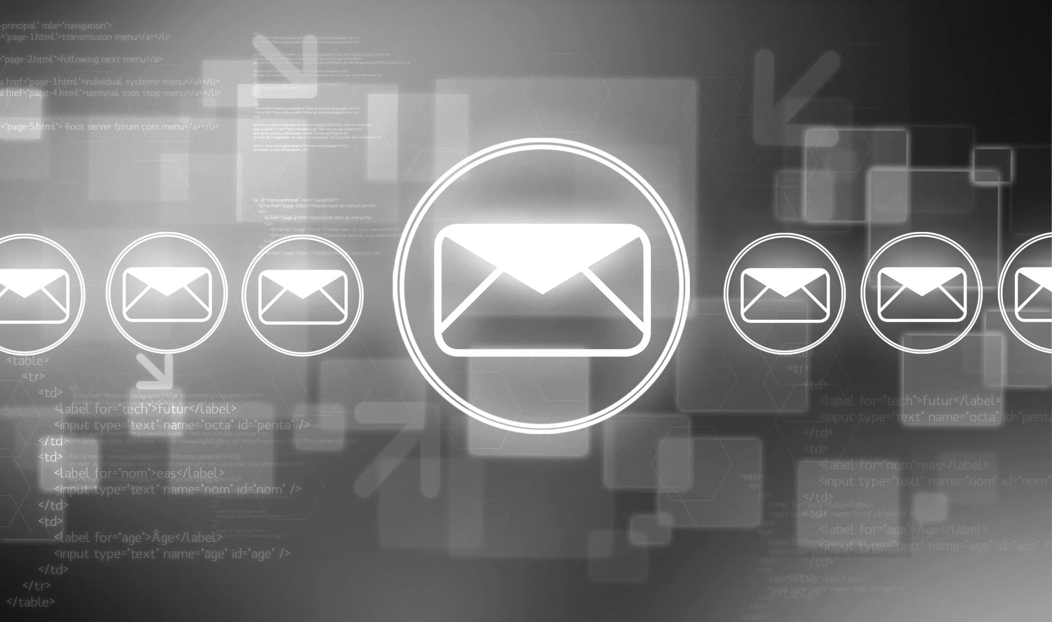 The image depicts a black and white abstract design featuring various geometric shapes and symbols, including an envelope icon in the center surrounded by other icons.