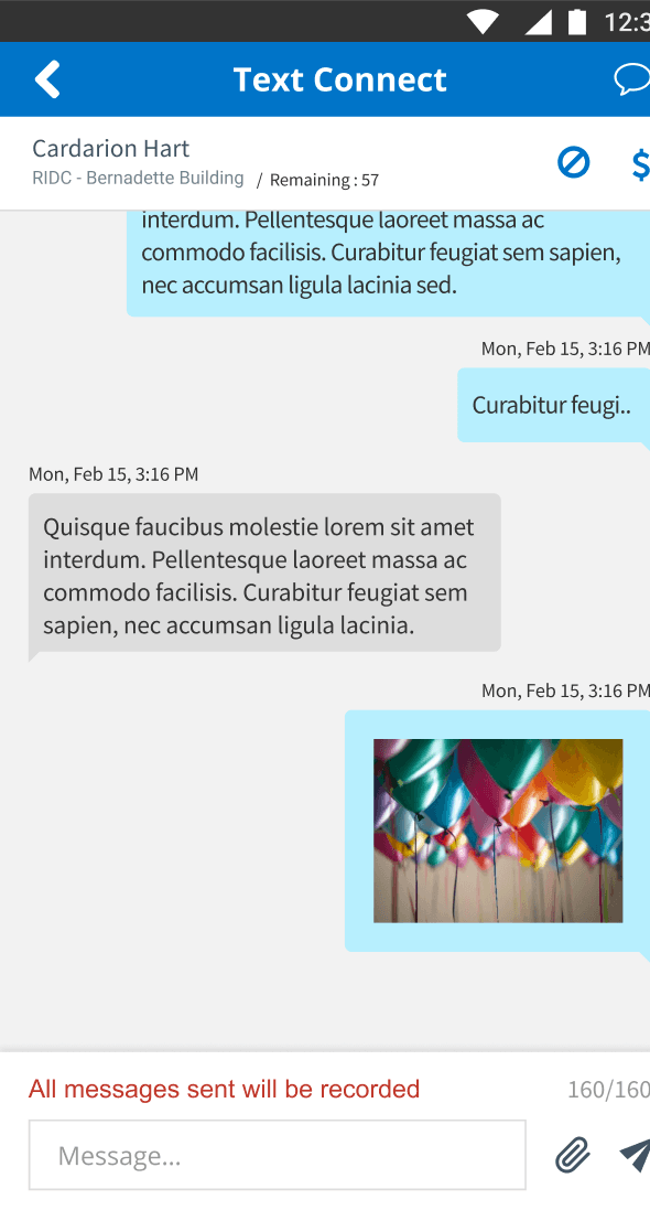 The image shows a mobile phone screen displaying a text messaging conversation, with an image of colorful string lights in the background.
